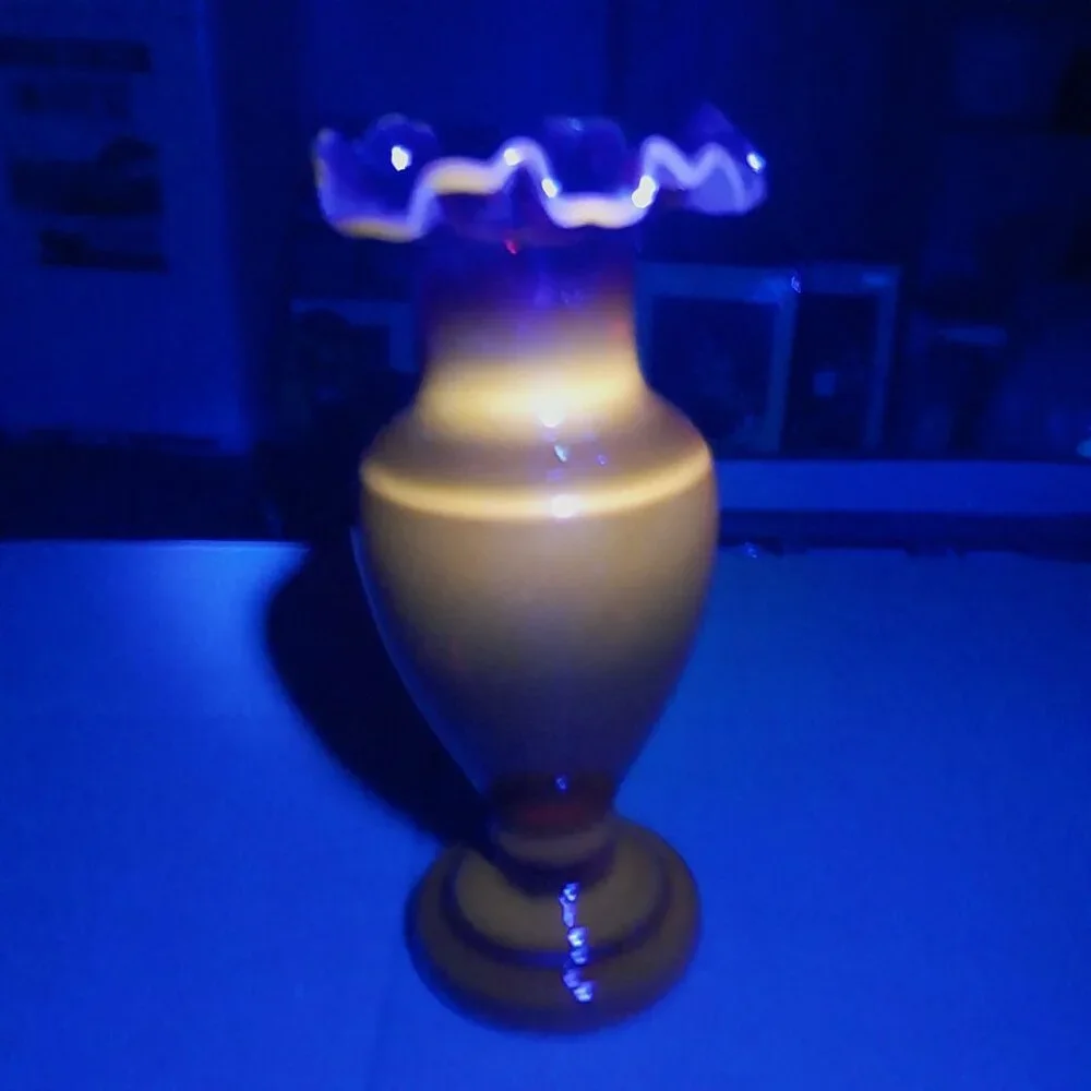 Ruby Red Amberina Glass Vase GLOWS Antique Vintage Ruffled Top